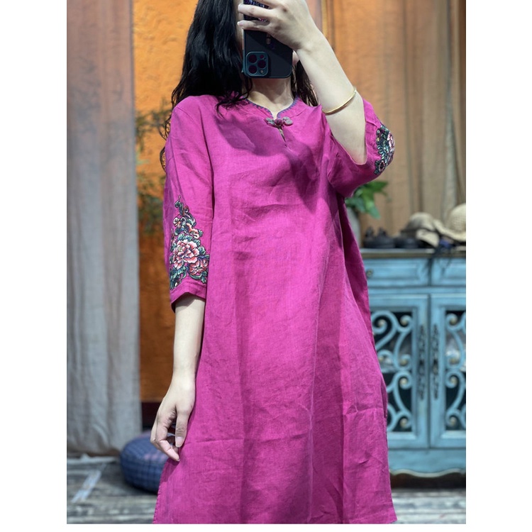 Đầm Sườn Xám Cách Tân Vải Lanh Cotton Thêu Họa Tiết Phong Cách Trung Hoa Cổ Điển Thời Trang Cho Nữ