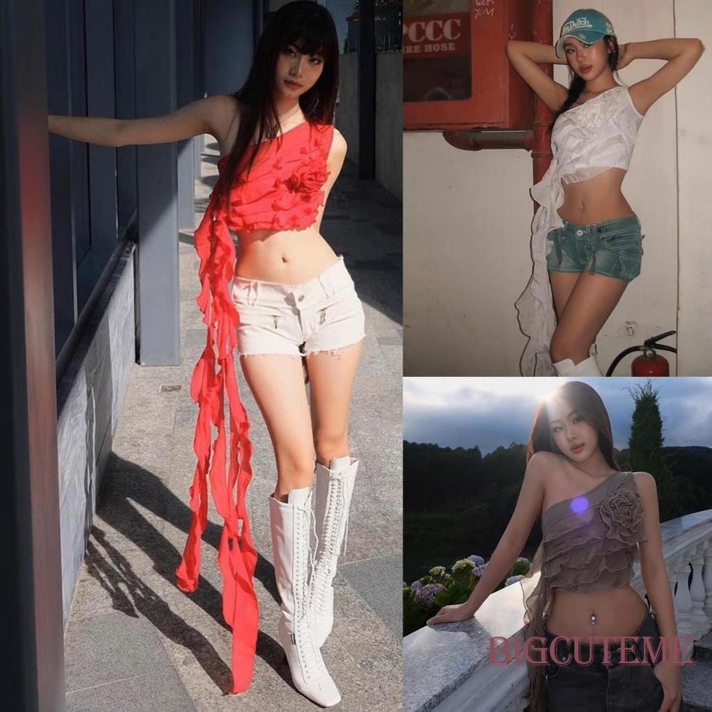 [] - Áo Crop Top Không Tay Nhún Bèo Màu Trơn Đính Hoa 3D Tua Rua Màu Trơn Thích Hợp Đi Tiệc Xuân Hè / Trắng / Cà Phê