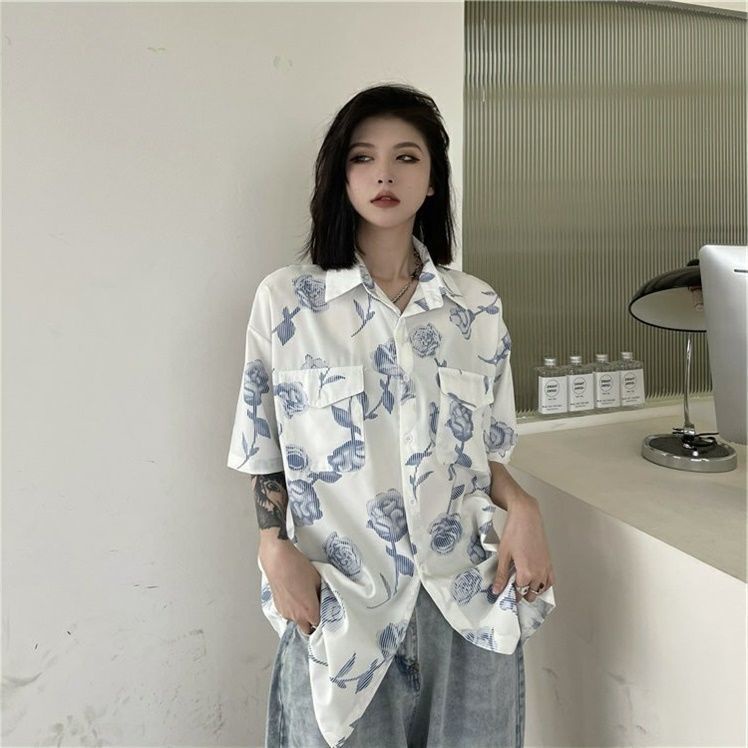 Áo sơ mi voan tay ngắn cổ bẻ in họa tiết hoa phong cách vintage