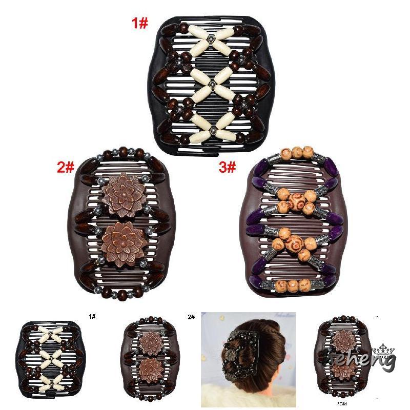 Lược Cài Tóc Co Giãn Đính Hạt Gỗ Tạo Kiểu Tóc Thoải Mái Cho Nữ