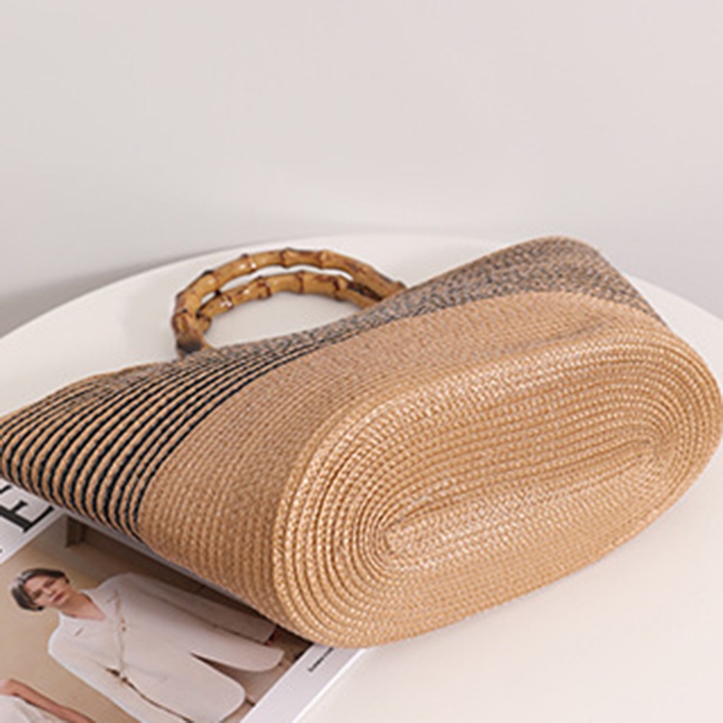 Túi Xách Giả Rơm Kẻ Sọc Sức Chứa Lớn Phong Cách Pháp Cổ Điển Cho Nữ