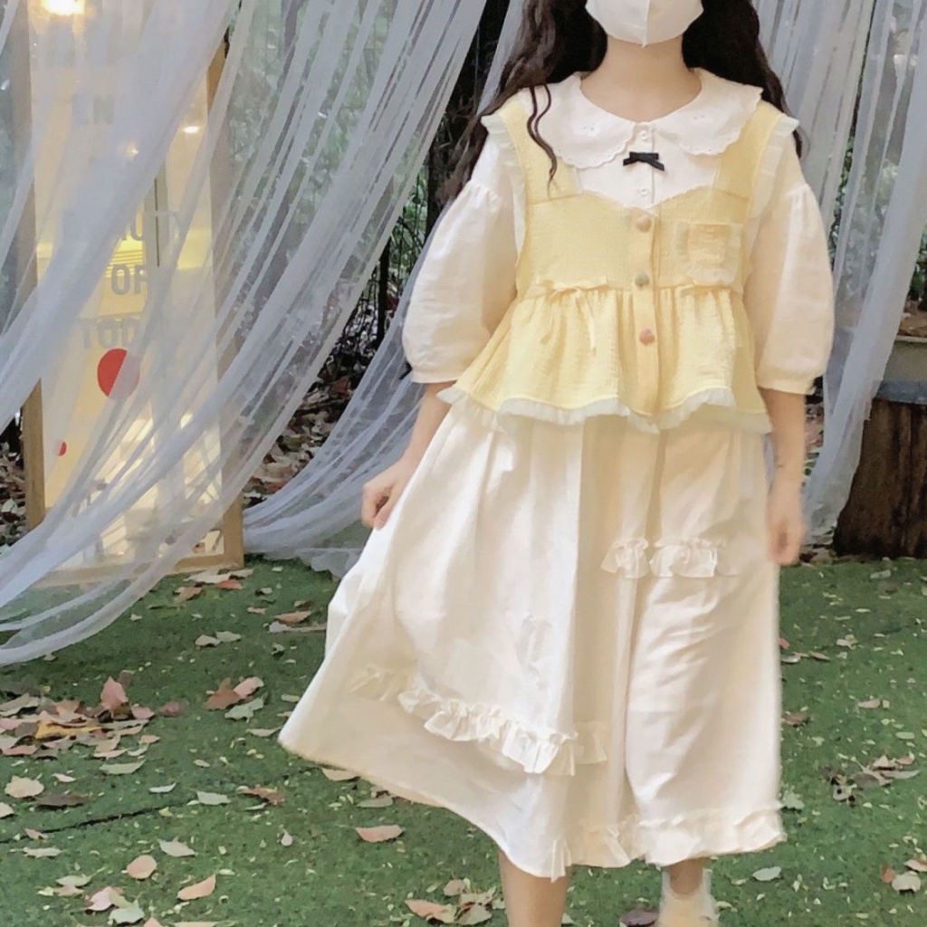 Set Đầm Tay Lửng Cổ Búp Bê + Áo Vest Hai Dây Phong Cách Nhật Bản Thời Trang Mùa Hè Cho Nữ