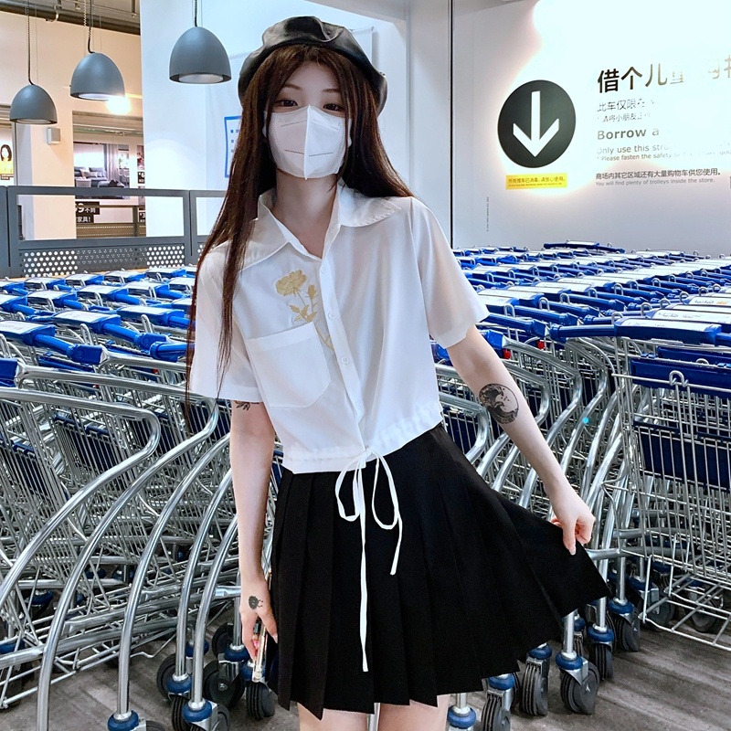 Áo Sơ Mi Crop top Tay Ngắn Thêu Họa Tiết Thời Trang Mùa Hè Hàng Mới Dành Cho Bạn Nữ