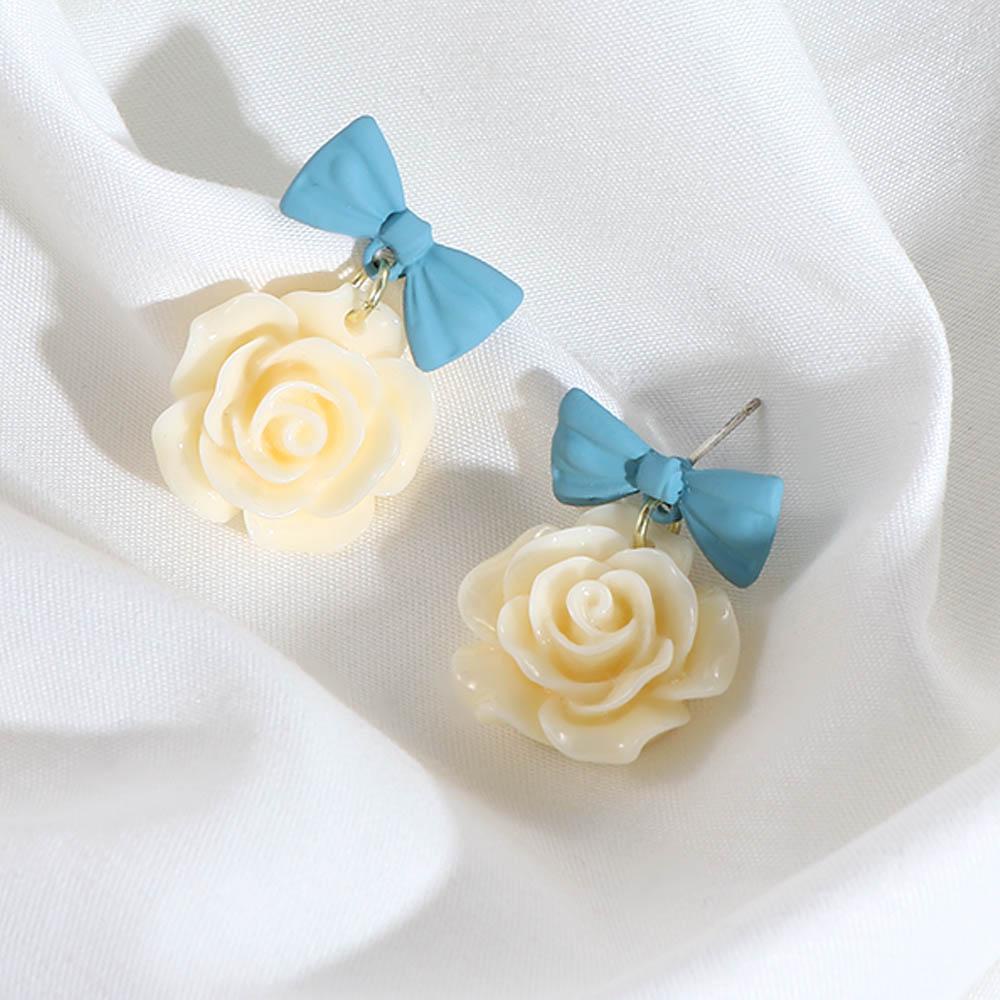 Bông Tai Đính Nơ Họa Tiết Hoa Màu Xanh Dương Phong Cách Hàn Quốc Thời Trang Cho Nữ