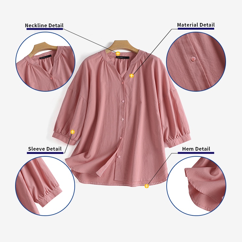 Áo sơ mi ZANZEA tay lửng cổ chữ V dễ phối đồ thời trang Hàn Quốc cho nữ