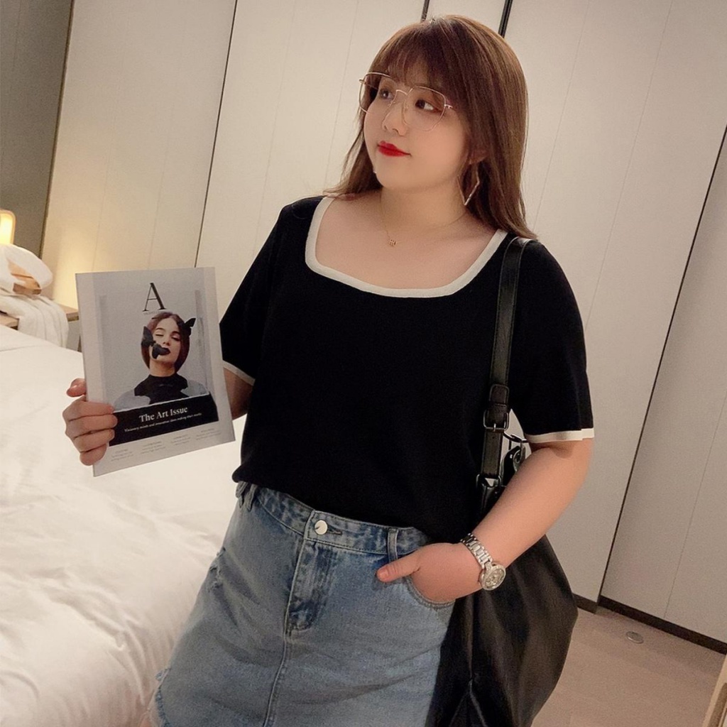 (40-150kg) Áo Thun Nữ Tay Ngắn Cổ Vuông Plus Size