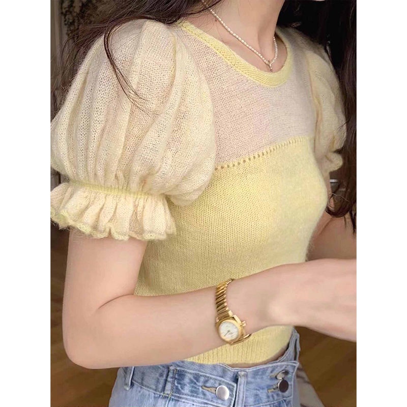 Áo Dệt Kim Tay Ngắn Phồng Màu Vàng Phong Cách Pháp Thời Trang Mùa Xuân 2023 Mới Cho Nữ