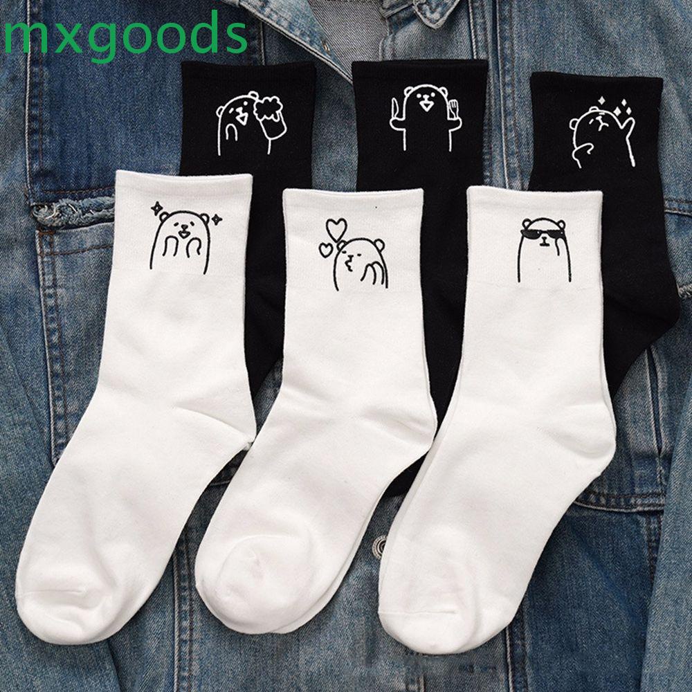 Đôi Vớ Cotton Thoáng Khí In Hình Gấu Màu Trắng / Đen Phong Cách Nhật Bản Dành Cho Nữ