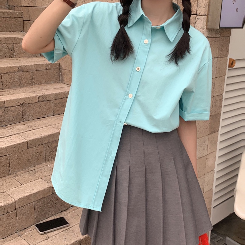 IELGY  Áo Sơ Mi Tay Ngắn Màu Trơn Thời Trang Cao Cấp Cho Nữ