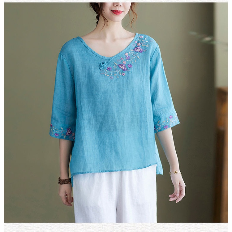 Áo Thun Cotton Tay Lửng Thêu Họa Tiết Cổ Điển Thoải Mái Cao Cấp