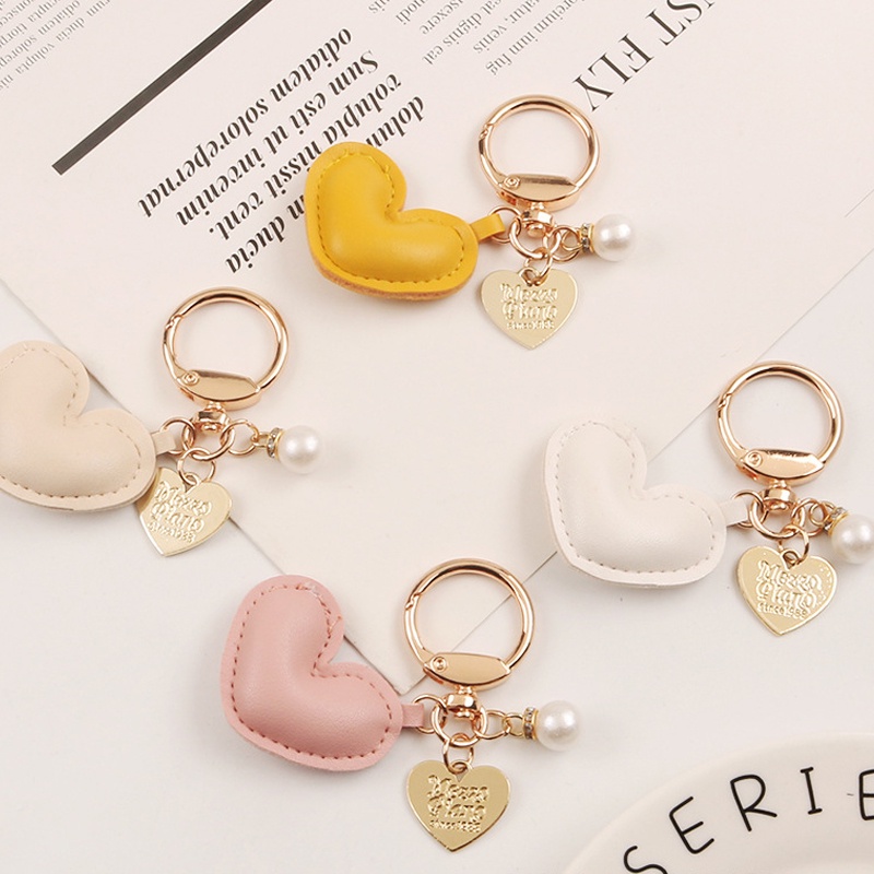 Móc Khóa Da Đính Ngọc Trai Nhân Tạo Hình Trái Tim Nhiều Màu Sắc Dễ Thương Cho Nữ