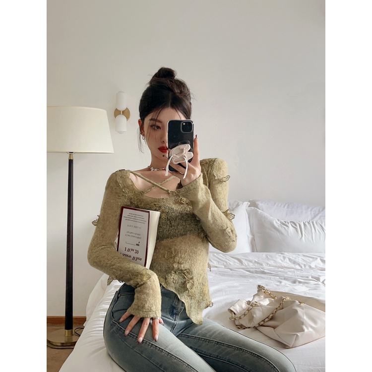 Cocory vn Áo sweater Dệt Kim Tay Dài Khoét Lỗ Phong Cách retro Quyến Rũ Cho Nữ