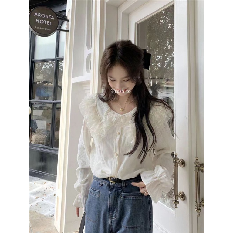 Áo Sơ Mi Tay Dài Cổ Búp Bê Phối Ren Thời Trang Mùa Xuân Xinh Xắn Cho Nữ