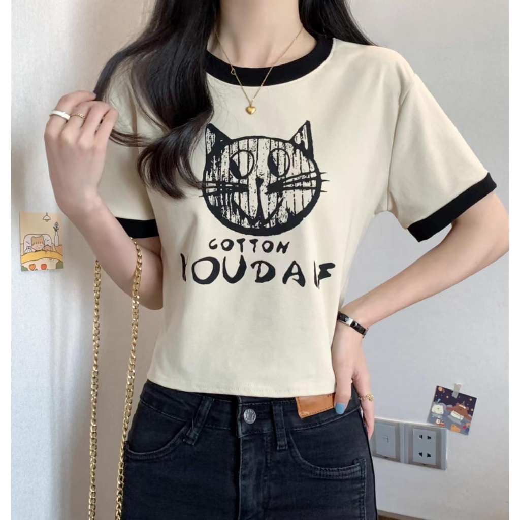 Áo thun ngắn cổ tròn phong cách kiểu pháp phối dây buộc sau, Áo thun dáng croptop nữ in hình mèo dễ thương- AL2330