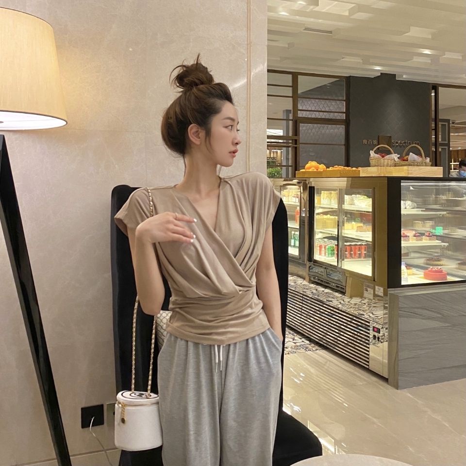 Áo Kiểu Trễ Vai Cổ Chữ V Thời Trang Mùa Hè Theo Phong Cách Pháp Cho Nữ