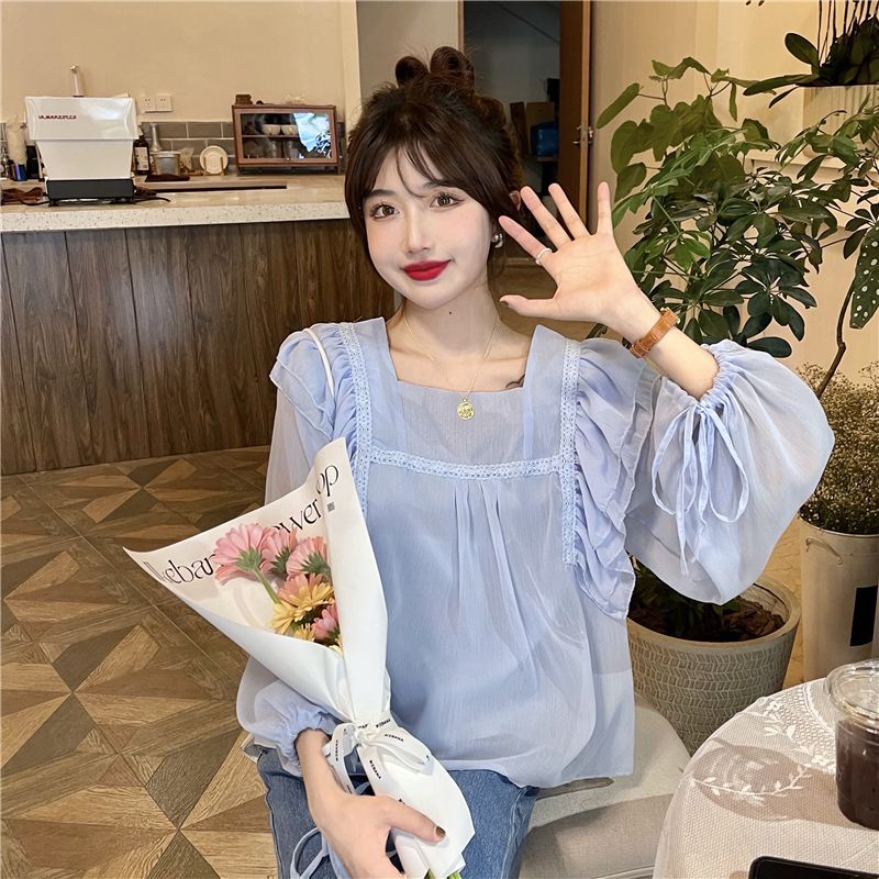 IELGY Áo Sơ Mi Dài Tay Cổ Vuông Phối Bèo Ngọt Ngào Thời Trang Cho Nữ