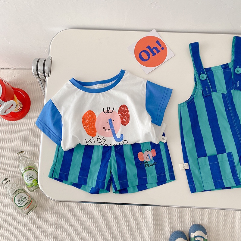 Quần Short yêm kẻ áo thun in hình voi con siêu dễ thương cho Bé Trai 0-6 Tuổi Mùa Hè đi học đi chơi D43