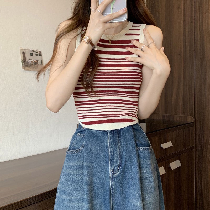 Áo Hai Dây Dệt Kim Dáng Ngắn Họa Tiết Kẻ Sọc Thời Trang Cho Nữ