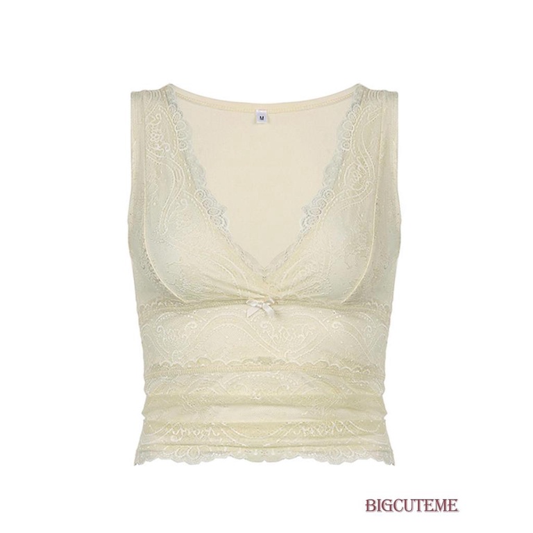 [] Áo Tank Top Màu Trơn Thắt Nơ Ôm Sát Rốn Phối Ren Trang Trí Thời Trang Mùa Hè Dành Cho Nữ