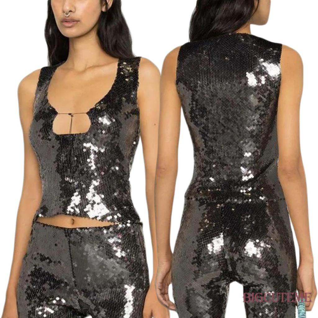 Áo Tank Top Sát Nách Màu Trơn Đính Kim Sa Lấp Lánh Phối Dây Rút Cá Tính Cho Nữ