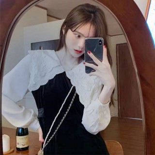 Đầm tiểu thư đen cổ ren trắng thắt eo tôn dáng xinh đẹp