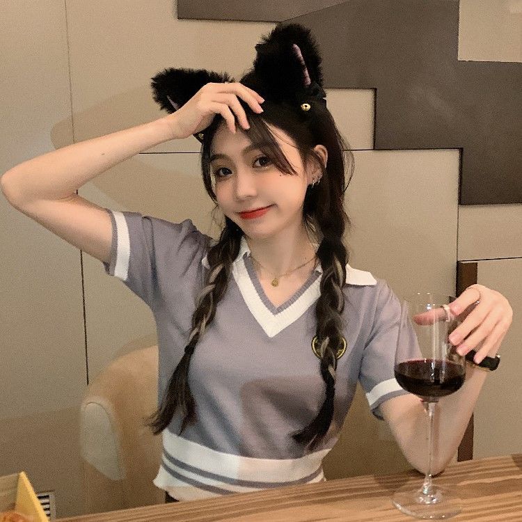 áo croptop len dệt kim tay ngắn kiểu cổ polo dáng ôm thời trang mùa hè 2023 phong cách mới