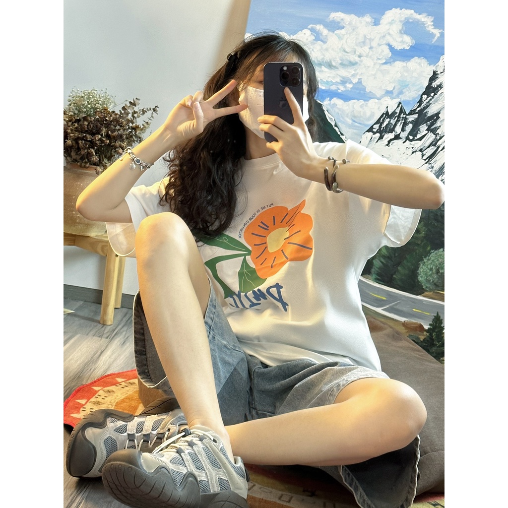 Áo Thun 100% cotton Màu Trắng Dáng Rộng In Họa Tiết Xinh Xắn Thời Trang Mùa Hè Cho Nữ 5101