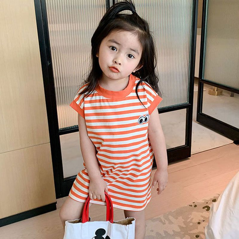 Đầm Thun Cotton Mùa Hè 2023 Tay Ngắn Họa Tiết Sọc Ngang Hợp Thời Trang Cho Bé Gái