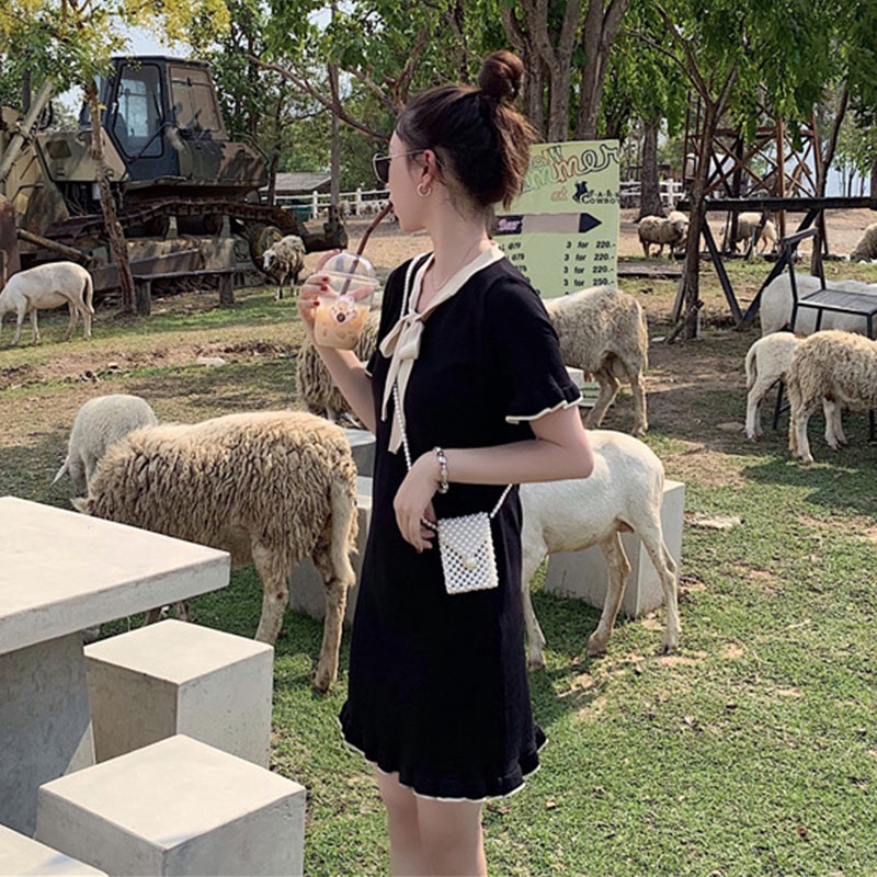 Đầm Dệt Kim Ngắn Tay Thắt Nơ Eo Thời Trang Nữ Tính