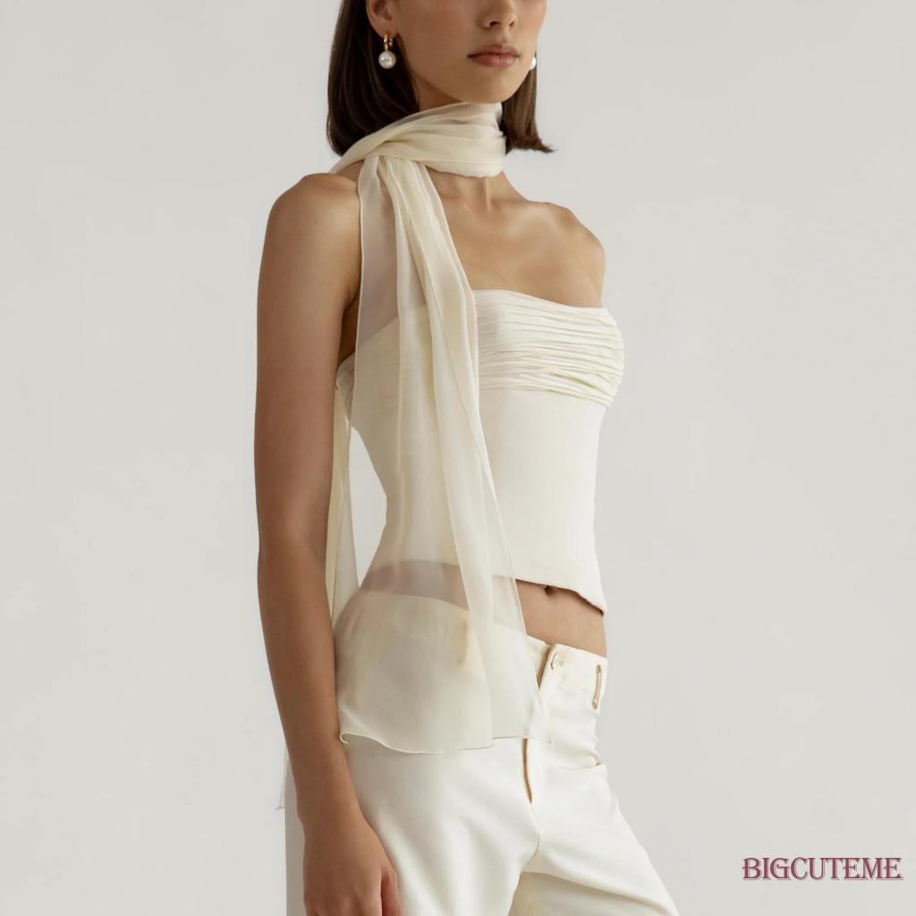 [] Áo Ống Dài Không Tay Hở Vai Có Khăn Choàng Dài Mặc Đi Câu Lạc Bộ Đường Phố Mùa Hè Cho Nữ