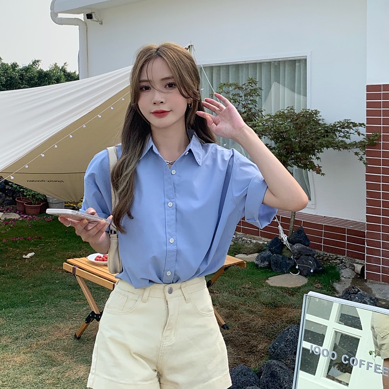 Áo sơ mi Cardigan tay ngắn dáng rộng phong cách Hàn Quốc tay ngắn dạo phố giản dị cho nữ