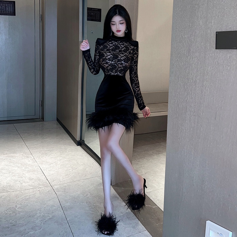 Đầm nhung ren ôm hông tay dài thời trang Âu Mỹ quyến rũ 2023 18YX1357