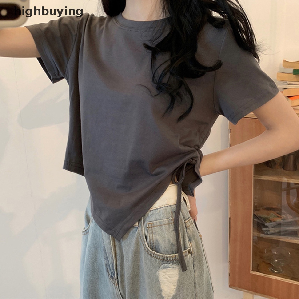 Áo Thun Crop Top Tay Ngắn Cổ Tròn Màu Trơn Phối Dây Rút Thời Trang Mùa Hè Cho Nữ