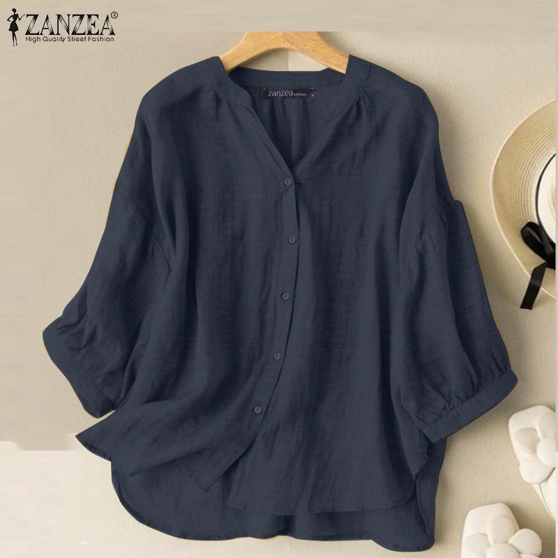 Áo sơ mi ZANZEA tay lửng cổ chữ V dễ phối đồ thời trang Hàn Quốc cho nữ