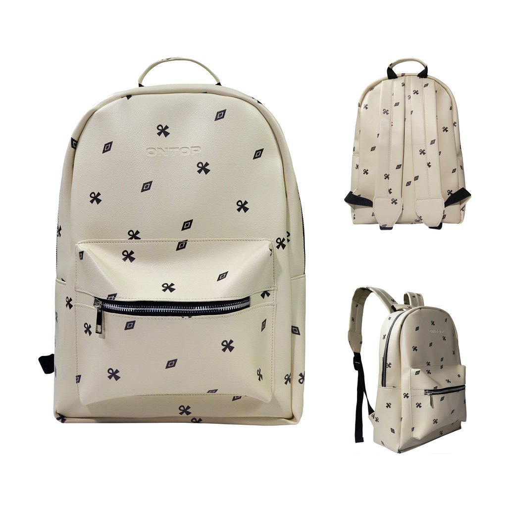 Ladies go to school fashion ontop cream, patterned, multi-compartment-level backpack o-p10-k