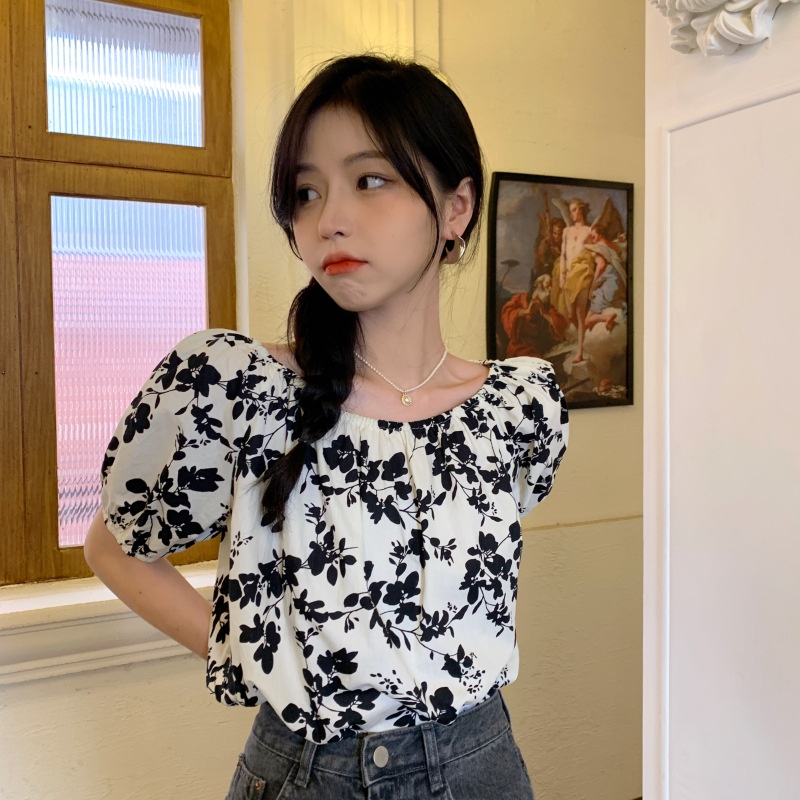 IELGY    Áo Sơ Mi Tay Ngắn Dáng Rộng Họa Tiết Hoa Phong Cách Hàn Quốc Cho Nữ