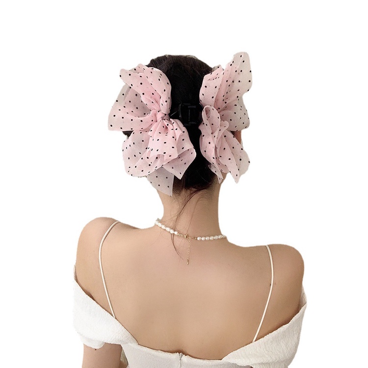 Kẹp Tóc Cá Mập Vải Gạc Chấm Bi Màu Hồng Kích Thước Lớn ins