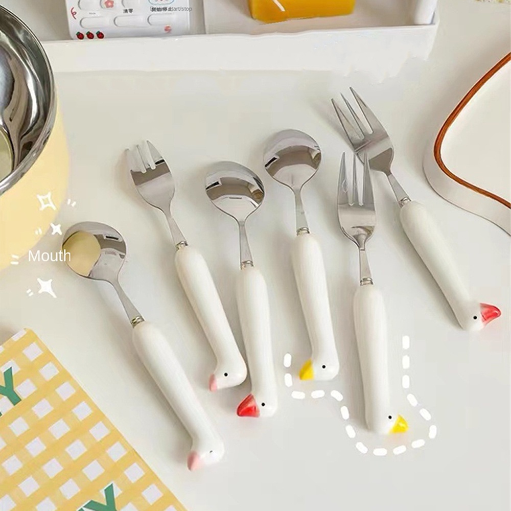 Đầu Ngỗng Bộ Đồ Ăn Bộ Muỗng Bằng Thép Không Gỉ Di Động Tay Cầm Bằng Gốm Mèo Móng Vuốt Muỗng Nĩa Y