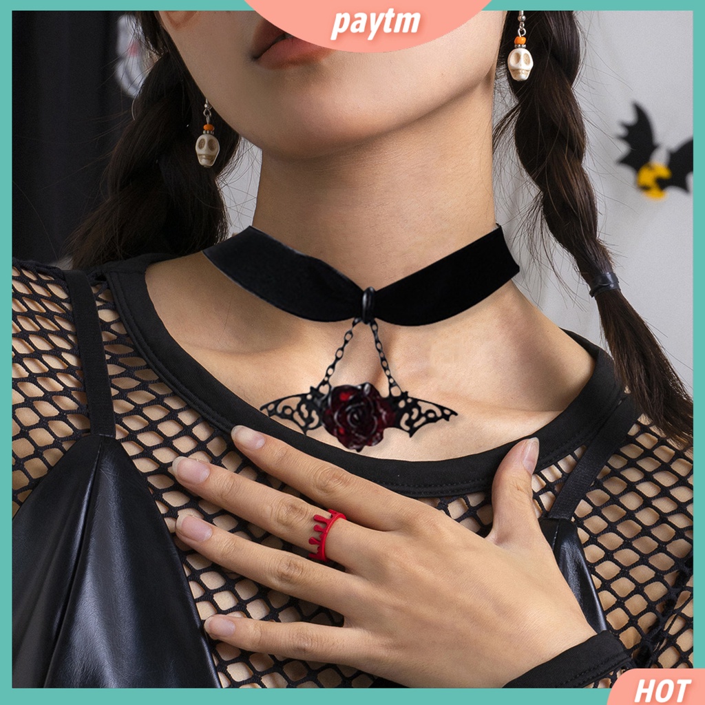 Vòng Cổ Choker Bằng Nhung Đen Đính Cánh Dơi Hoa Hồng Đỏ Phong Cách Gothic Punk Thích Hợp Làm Quà Tặng Cho Bạn Gái
