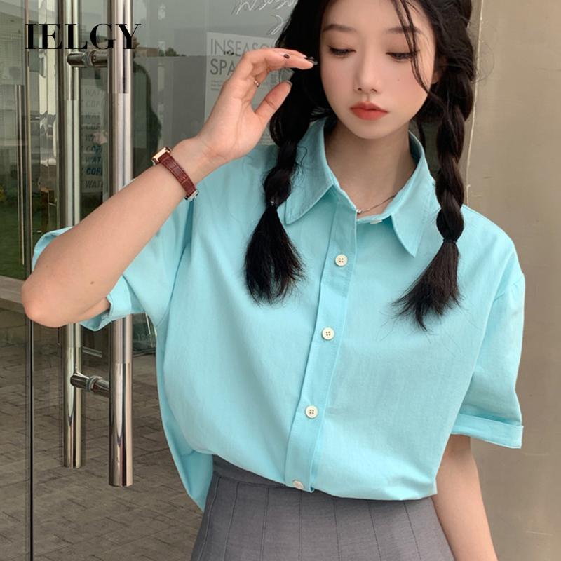 IELGY  Áo Sơ Mi Tay Ngắn Màu Trơn Thời Trang Cao Cấp Cho Nữ