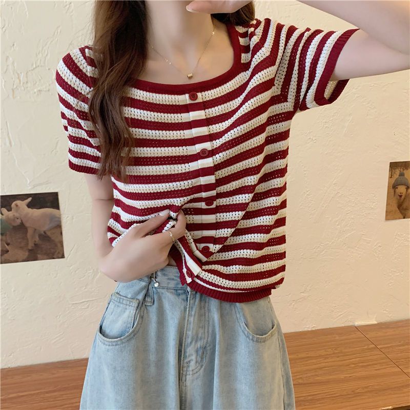 Áo Thun Dệt Kim Ngắn Tay Cổ Vuông Họa Tiết Kẻ Sọc Thời Trang Mùa Hè Mới