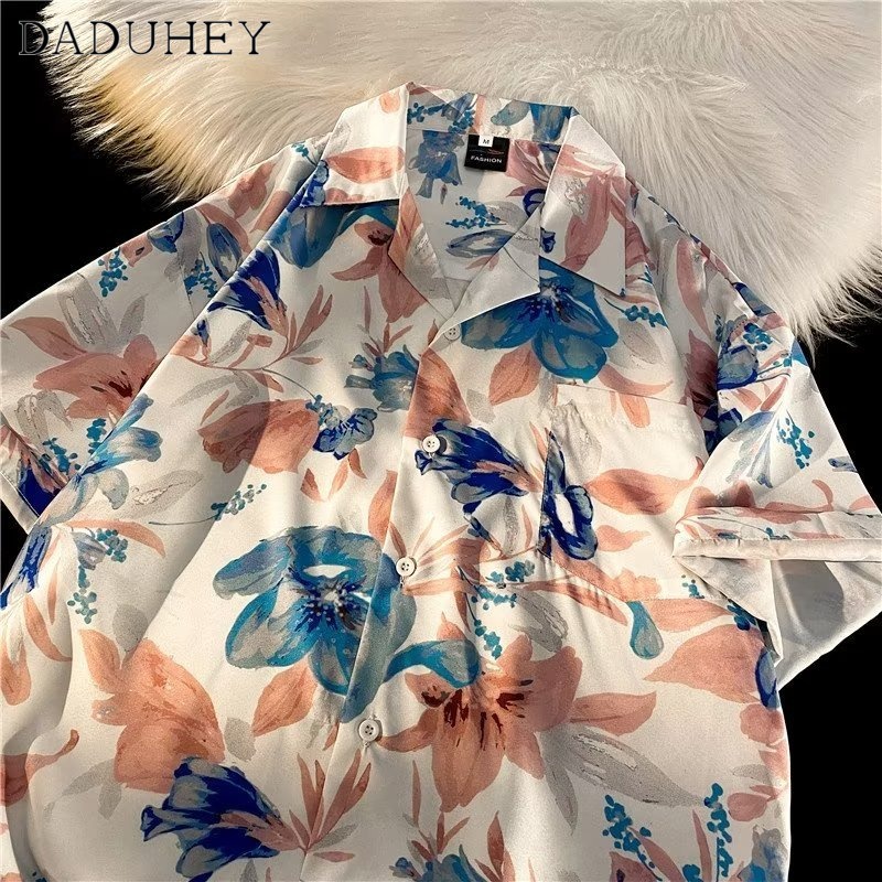DaDuHey Hawaiian Style Floral Shirt Men's Short Sleeve Seaside Beach Vacation Ice Silk Loose Top