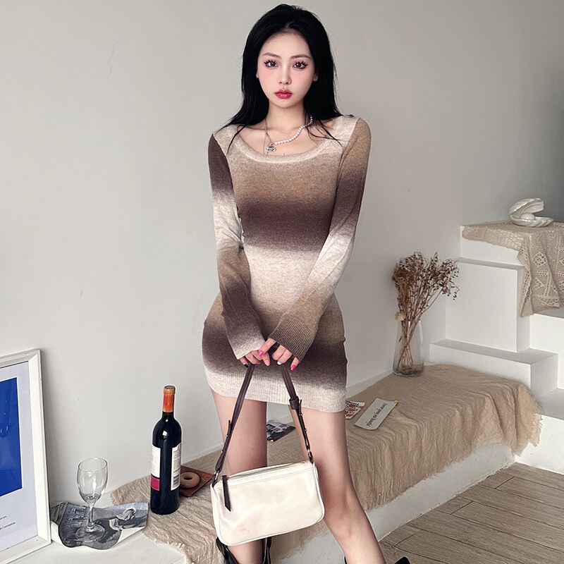 Kliou 2023 Mới Đầm Dệt Kim Tay Dài Ôm Dáng Co Giãn Thoáng Khí In Họa Tiết Kẻ Sọc Thời Trang 2023