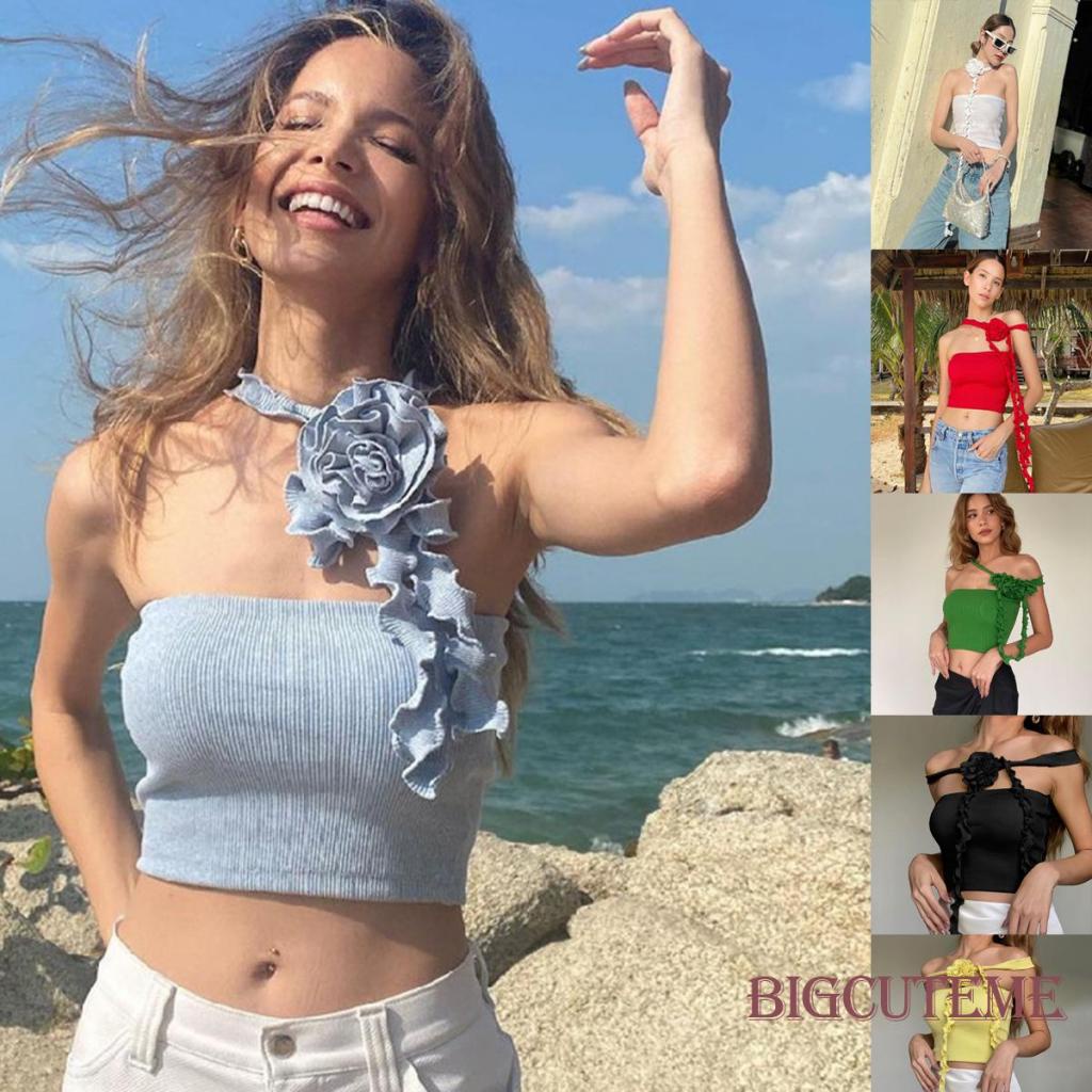 Áo Crop Top Hai Dây Cổ Thuyền Màu Trơn In Họa Tiết Hoa Thời Trang Cho Nữ