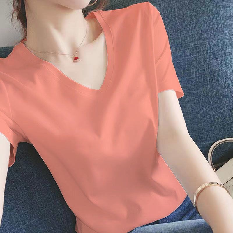 Plus Áo Thun 100% Cotton Tay Ngắn Dáng Rộng Cổ Chữ V Màu Trơn Phong Cách Trung Hoa Thời Trang Xuân Hè Cho Nữ
