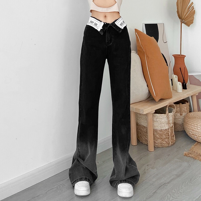 Kliou Quần Jean Ống Rộng In Chữ Phối Màu Gradient Thời Trang Mới 2023 Cho Nữ