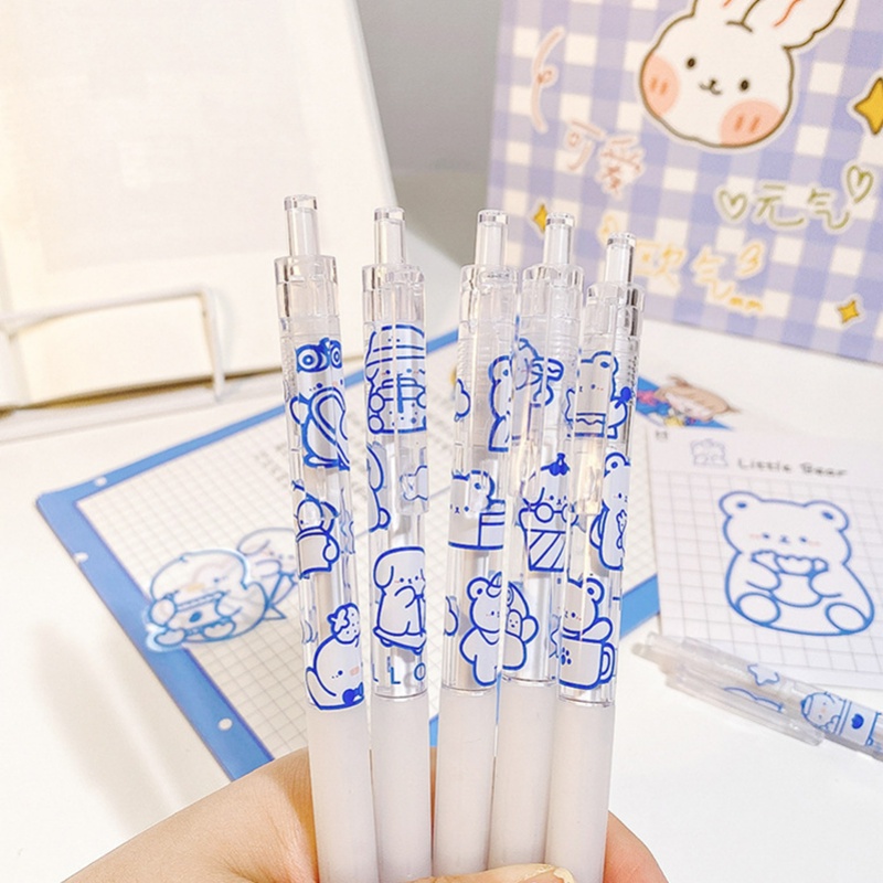 Bút Bi Mực Đen Ngòi 0.5mm Trong Suốt Có Thể Thu Gọn In Họa Tiết Gấu Hoạt Hình