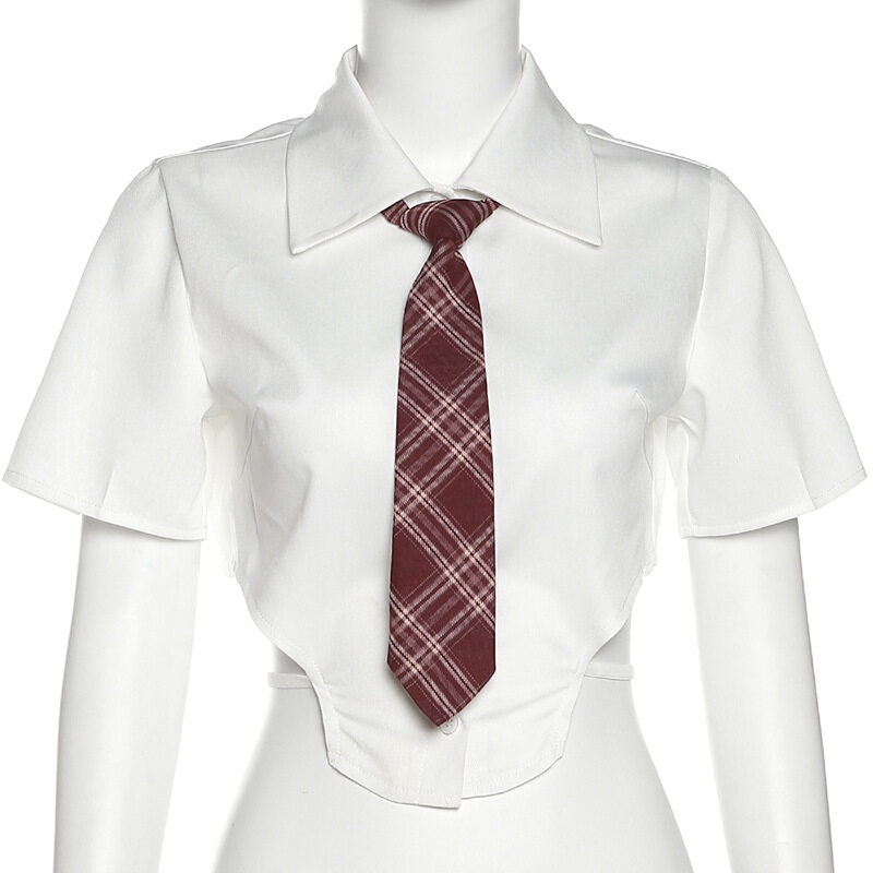 Kliou 2023  Áo Sơ Mi Ngắn Mỏng Thoáng Khí Hở Rốn Phong Cách Đường Phố Gợi Cảm Đa Năng Phong Cách Mới 2023 Kèm Cà Vạt Cho Nữ Sinh