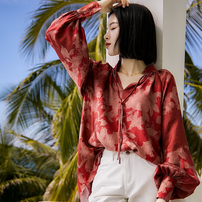 Đầm Lụa Twill Tay Phồng In Họa Tiết Hoa Phong Cách Retro Đa Năng