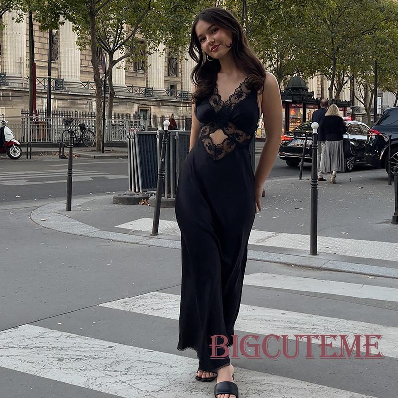 [] Đầm Midi Dài Không Tay Cổ Chữ V Phối Ren Màu Trắng Đen Mùa Hè Cho Nữ